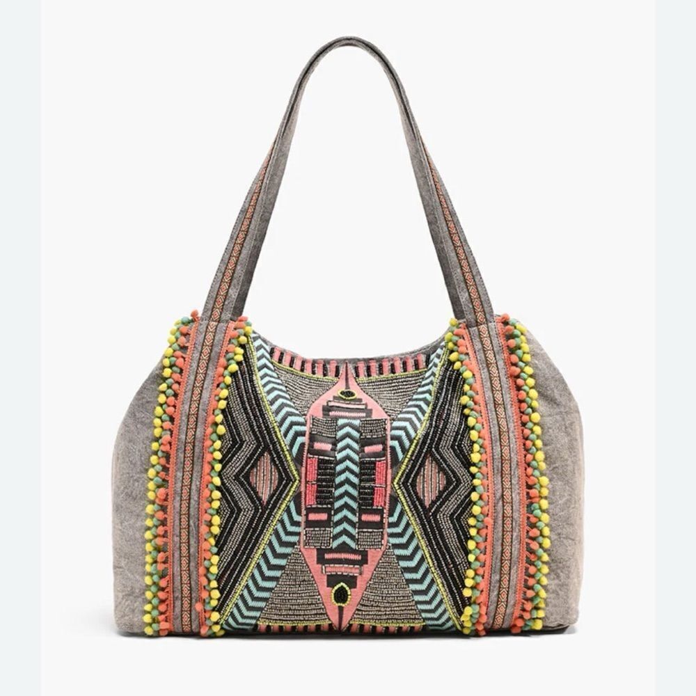 America & Beyond GARGOYLE EMBELLISHED GRAY HAND BEADED TOTE
